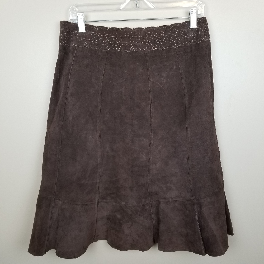 FIRM CAbi Brown 100% Leather Scalloped Skirt size 6 380 - Picture 6 of 7
